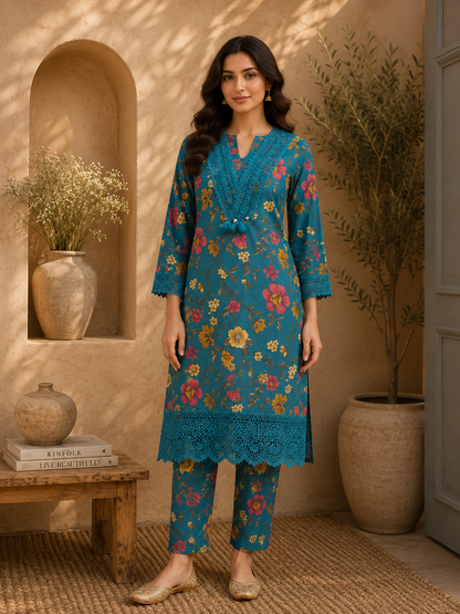 Pakistani Style Blue Floral Suit Set