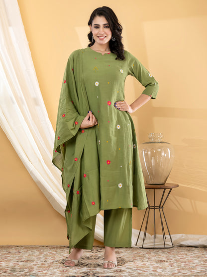 Olive Green Pilla Silk Suit Set