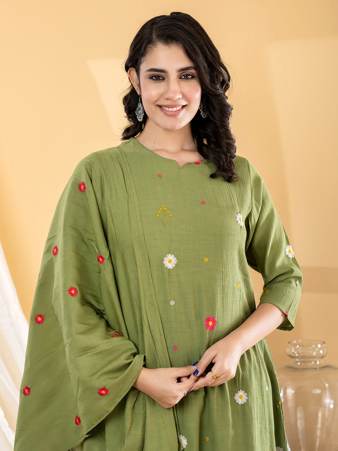 Olive Green Pilla Silk Suit Set
