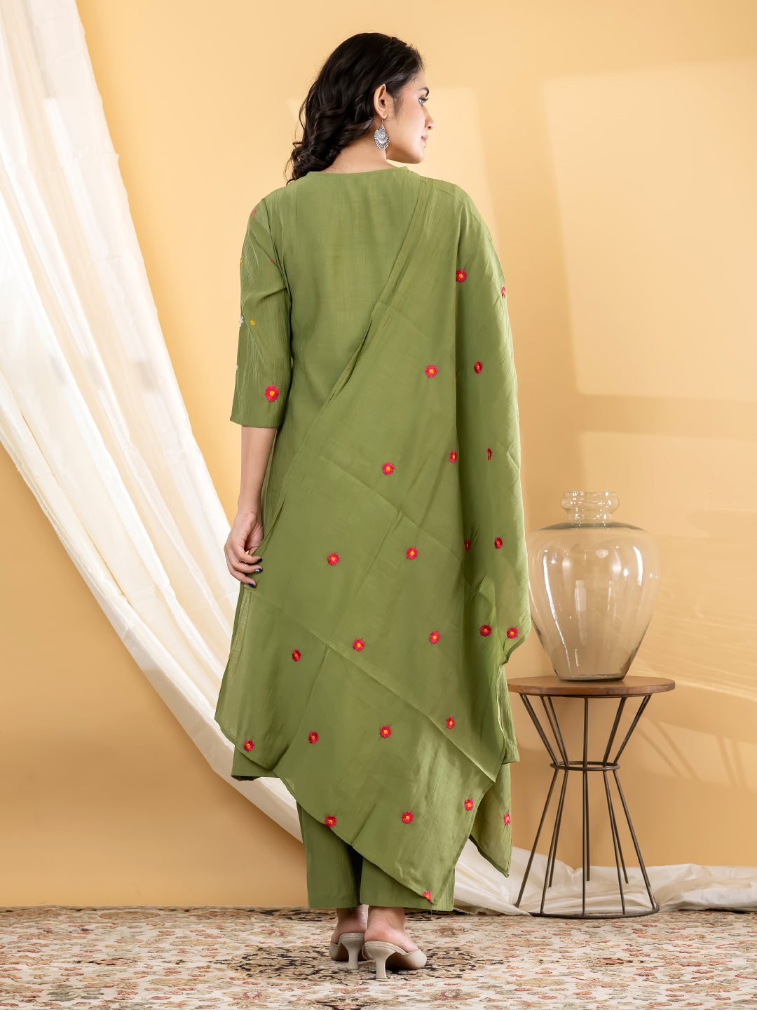 Olive Green Pilla Silk Suit Set