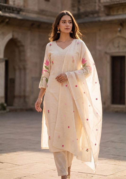 Gulab Buti White Kurta Set