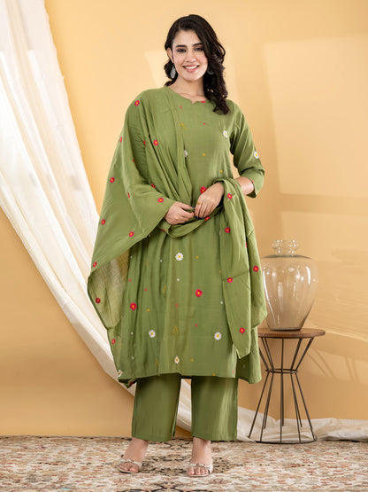 Olive Green Pilla Silk Suit Set