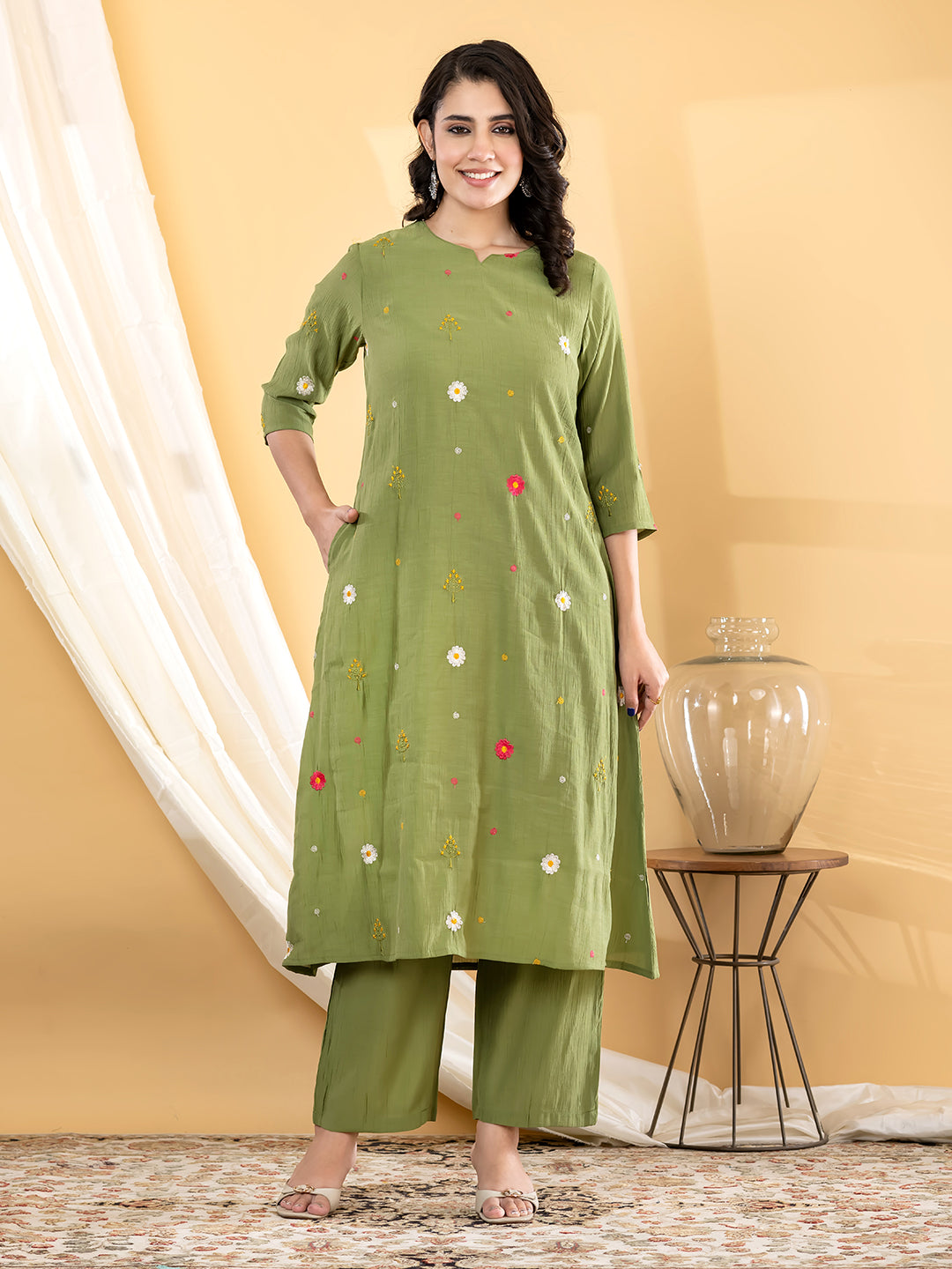 Olive Green Pilla Silk Suit Set