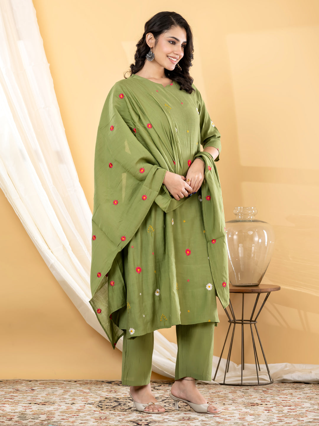 Olive Green Pilla Silk Suit Set