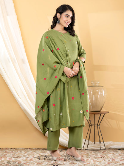 Olive Green Pilla Silk Suit Set
