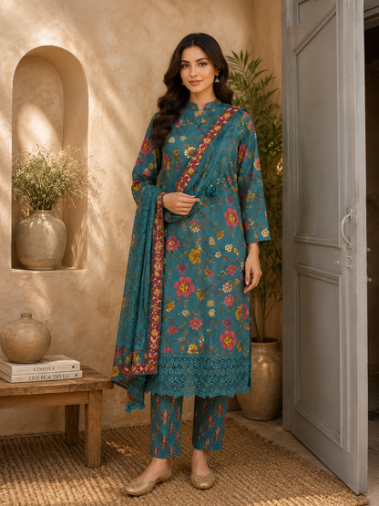 Pakistani Style Blue Floral Suit Set