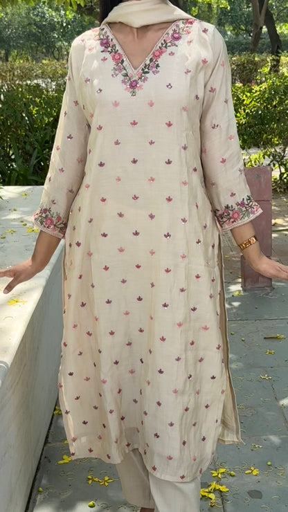 Chandi Buti Off-White Suit Set with tiny scattered butidar embroidery and V-neck