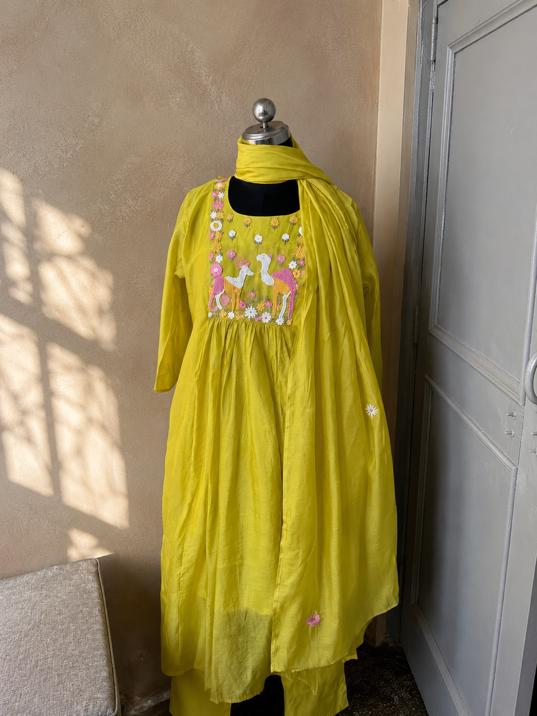 Lime Yellow Anarkali with Camel & Floral Motif Yoke embroidery